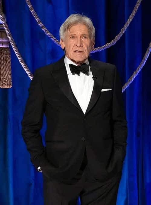 (EDITORIAL USE ONLY) In this handout photo provided by A.M.P.A.S., Harrison Ford speaks onstage during the 93rd Annual Academy Awards at Union Station on April 25, 2021 in Los Angeles, California.