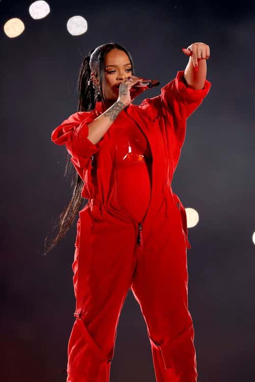 Rihanna performs onstage during the Apple Music Super Bowl LVII Halftime Show at State Farm Stadium on February 12, 2023 in Glendale, Arizona.