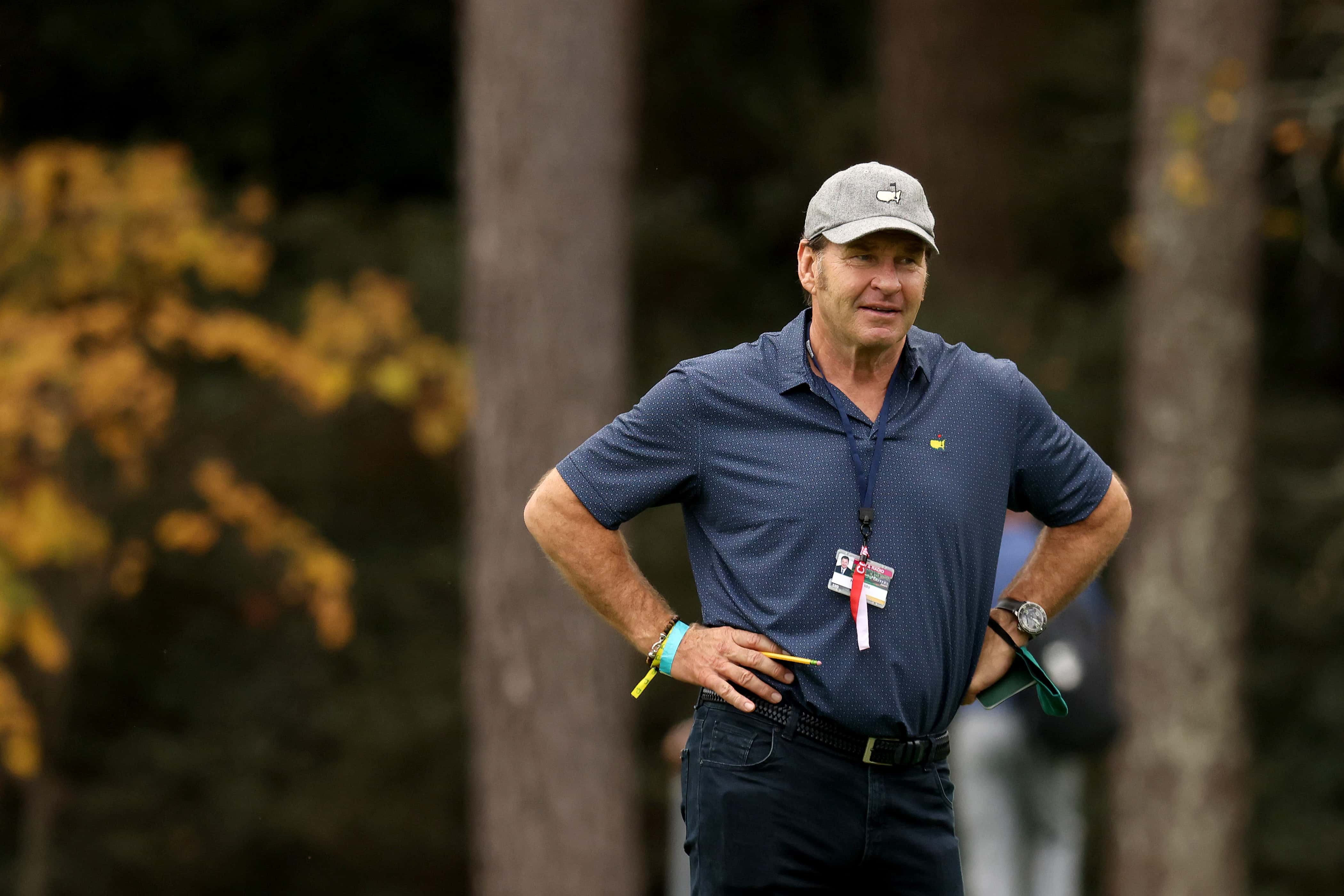 Sir Nick Faldo of England looks on during a practice round prior to the Masters at Augusta National Golf Club on November 10, 2020 in Augusta, Georgia.
