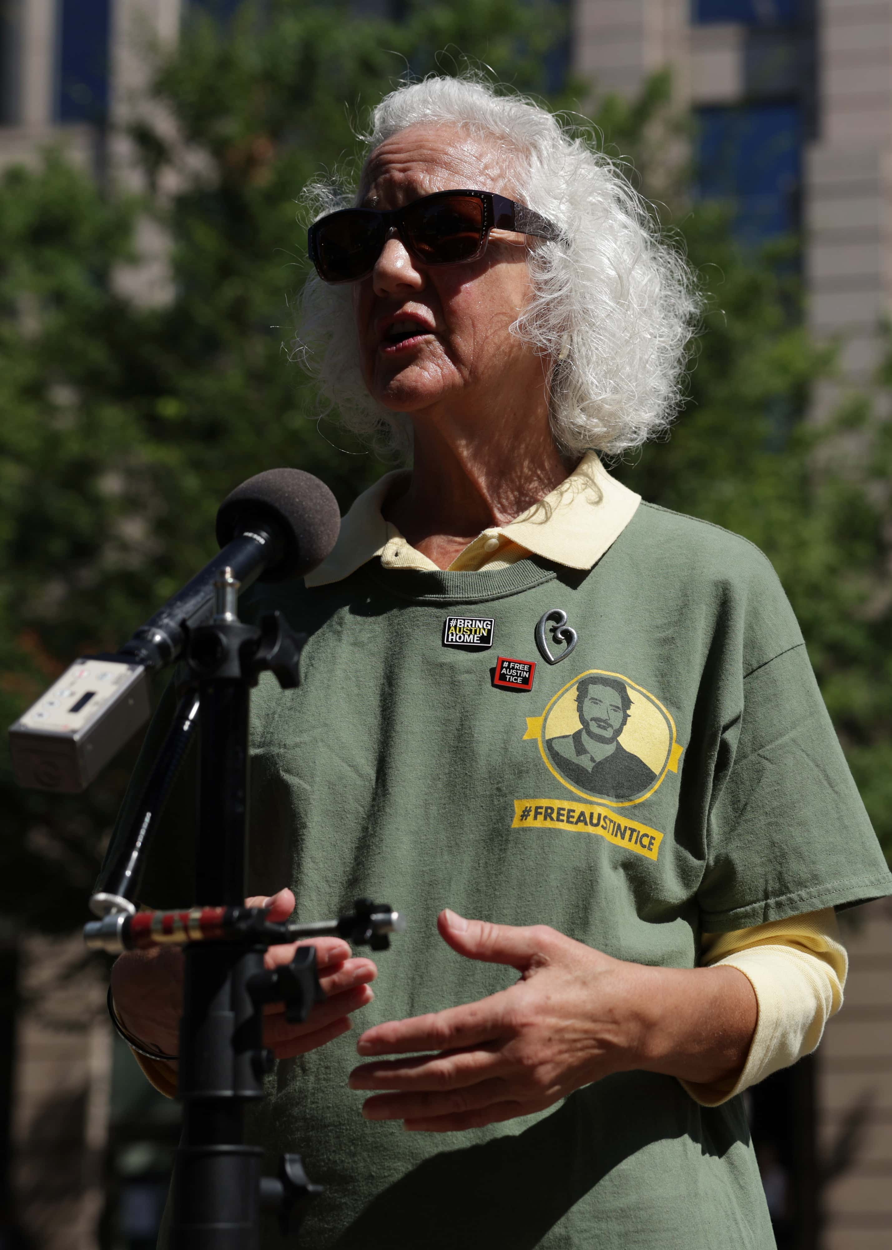 Debra Tice, mother of freelance journalist Justin Tice, speaks to members of the media during an event to unveil a “#BringAustinHome” banner outside the headquarters of The Washington Post August 9, 2022 in Washington, DC. The unveiling of the banner marks 10 years since Justin Tice was kidnapped while reporting in Syria on August 14, 2012.