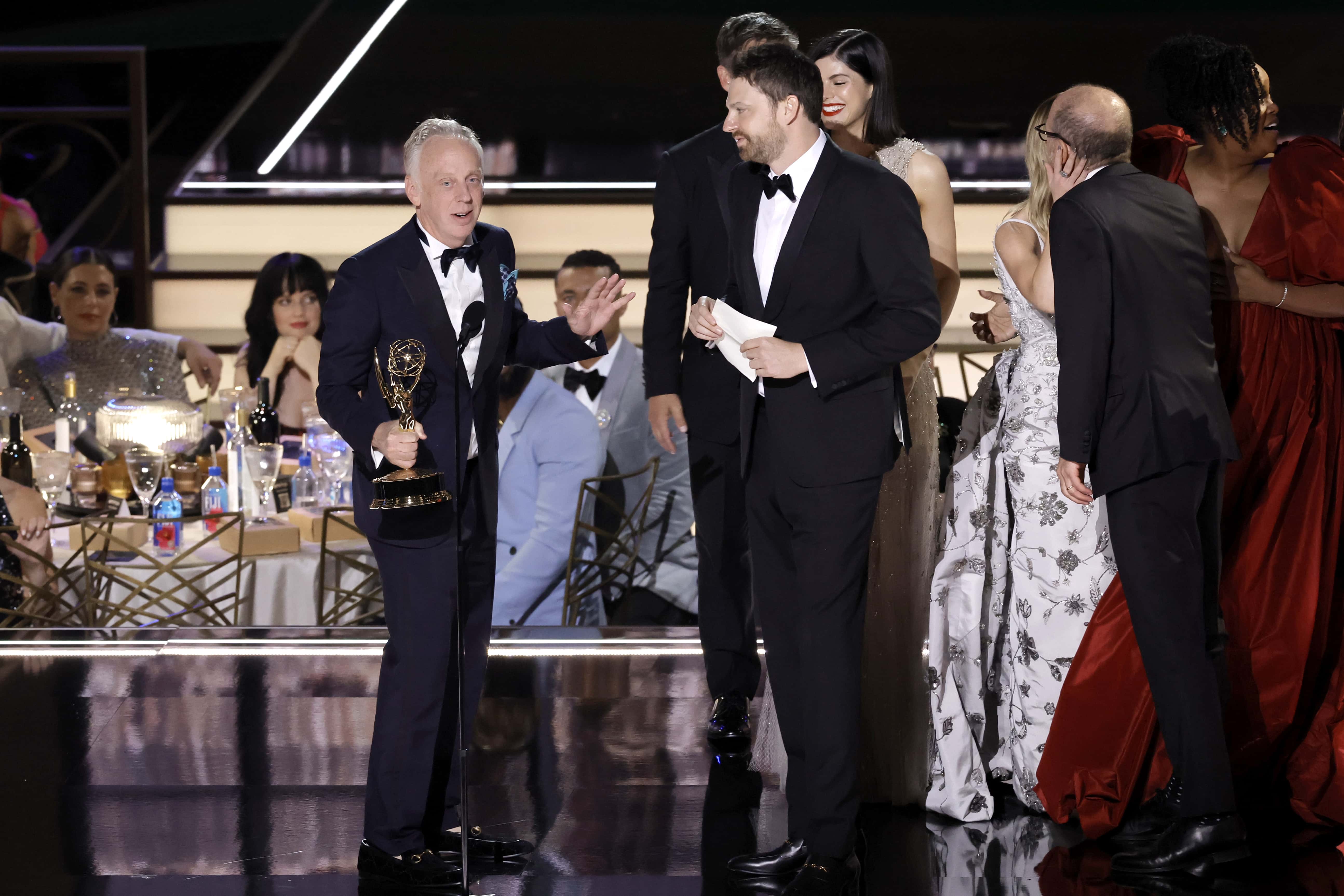 David Bernad (L), Mike White (2nd L),  and cast and crew from 'The White Lotus' accept the Outstanding Limited or Anthology Series onstage during the 74th Primetime Emmys at Microsoft Theater on September 12, 2022 in Los Angeles, California.