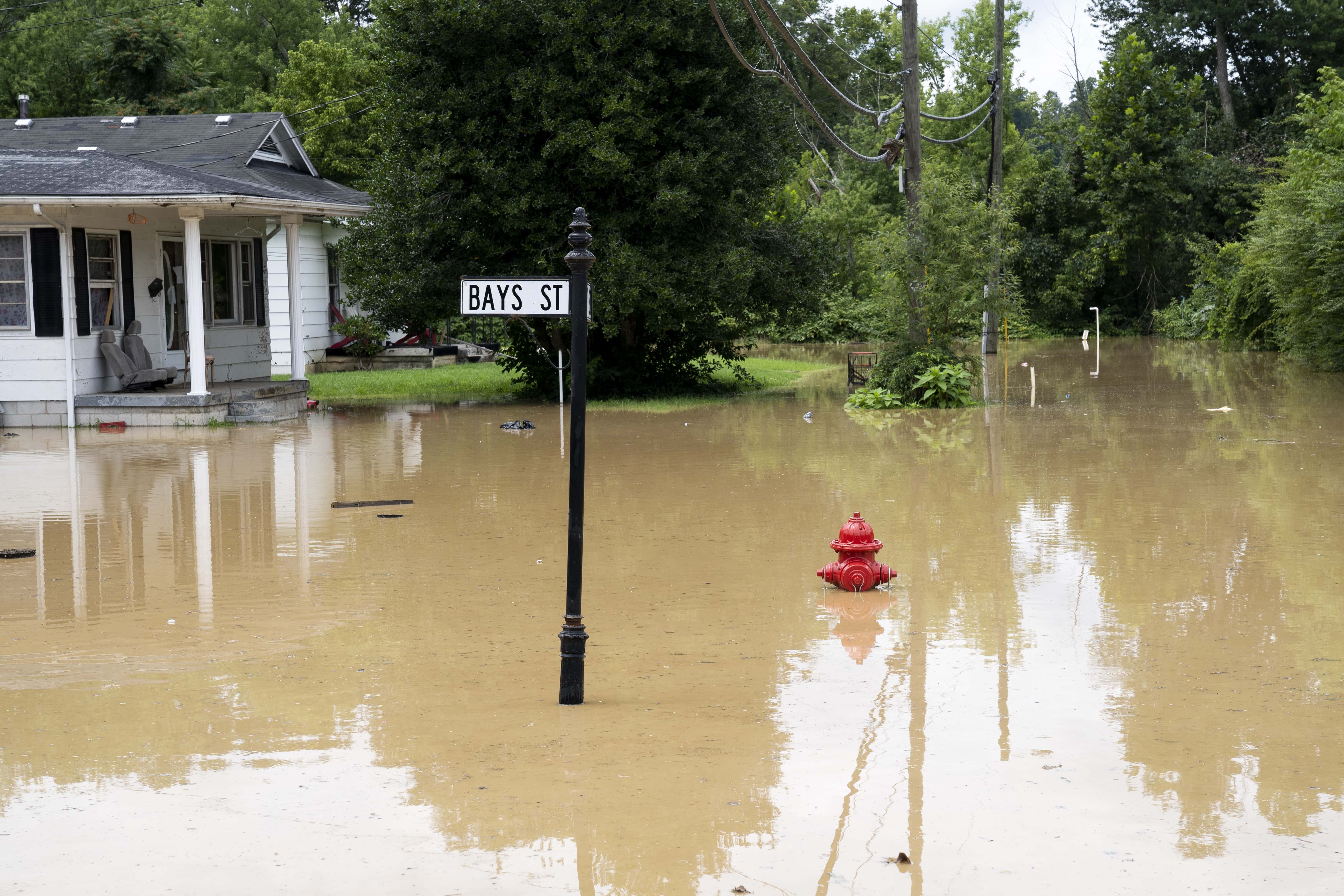 Flooding is seen on Bays Street in Jackson, Kentucky on July 28, 2022 in Breathitt County, Kentucky. The flooding in Jackson is not expected to crest until 9 P.M. this evening.