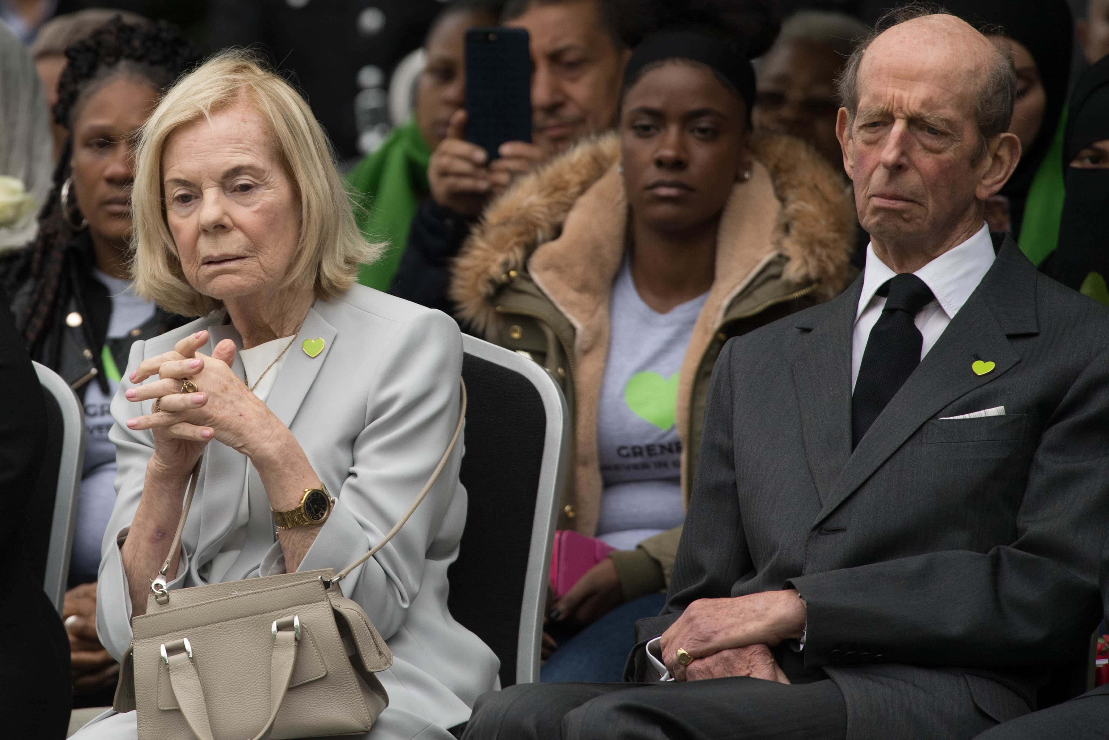 The Duke and Duchess of Kent attend a service at the base of the Grenfell Tower on the one year anniversary of the Grenfell Tower fire on June 14, 2018 in London, England. In one of Britain's worst urban tragedies since World War II, a devastating fire broke out in the 24-storey Grenfell Tower on June 14, 2017 where 72 people died from the blaze in the public housing building of North Kensington area of London.