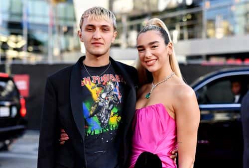 (L-R) Anwar Hadid and Dua Lipa attend the 2019 American Music Awards at Microsoft Theater on November 24, 2019 in Los Angeles, California.
