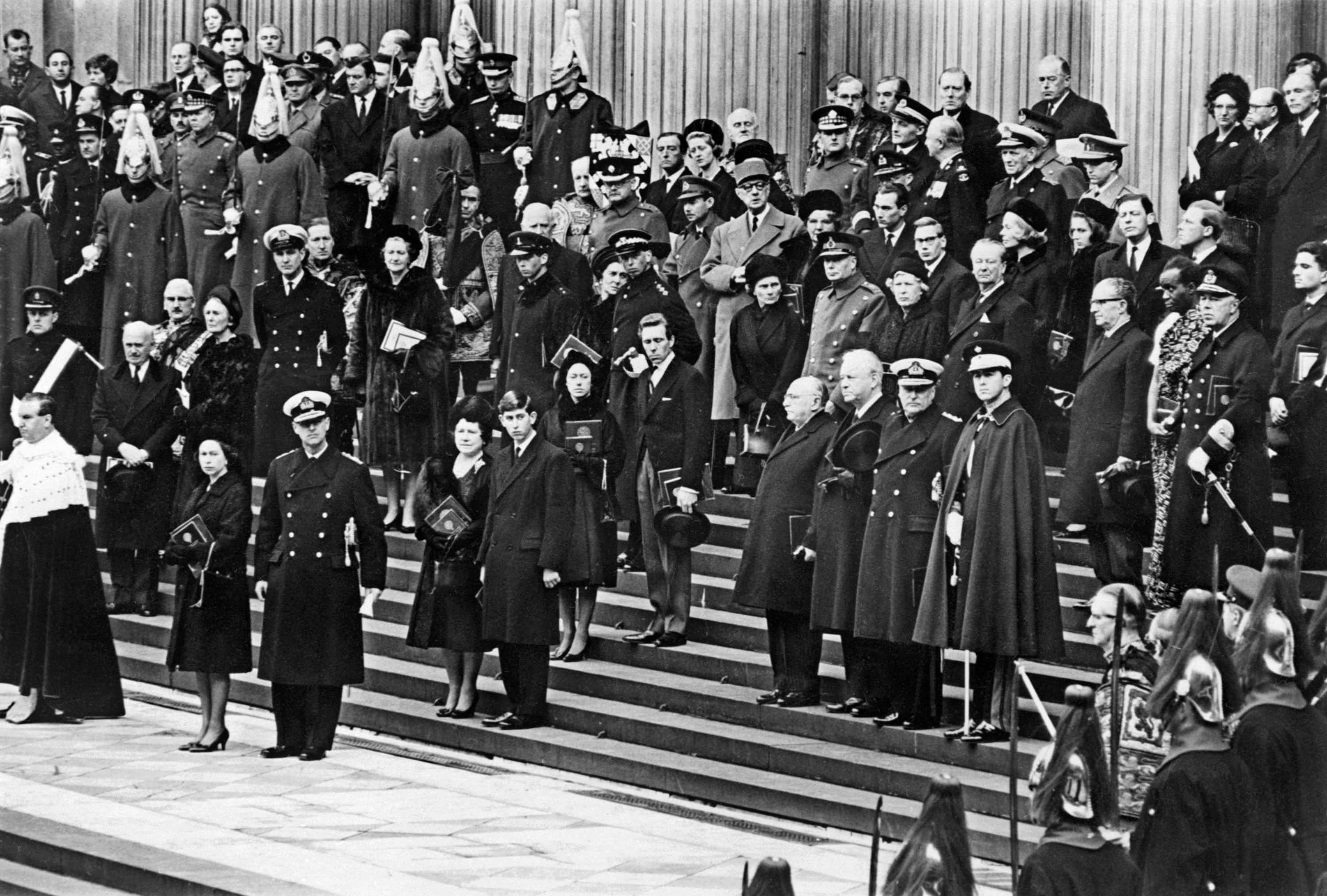 The Royal Family; (from L to R) the Queen Elizabeth II, Philip of Edinburgh, the Prince Charles of England, the Princess Anne of England, attend Sir Winston Churchill's funeral ceremony 30 January 1965 at St Paul's Cathedral in London. Standing in the center General de Gaulle. (Photo by Central Press/Hulton Archive/Getty Images)