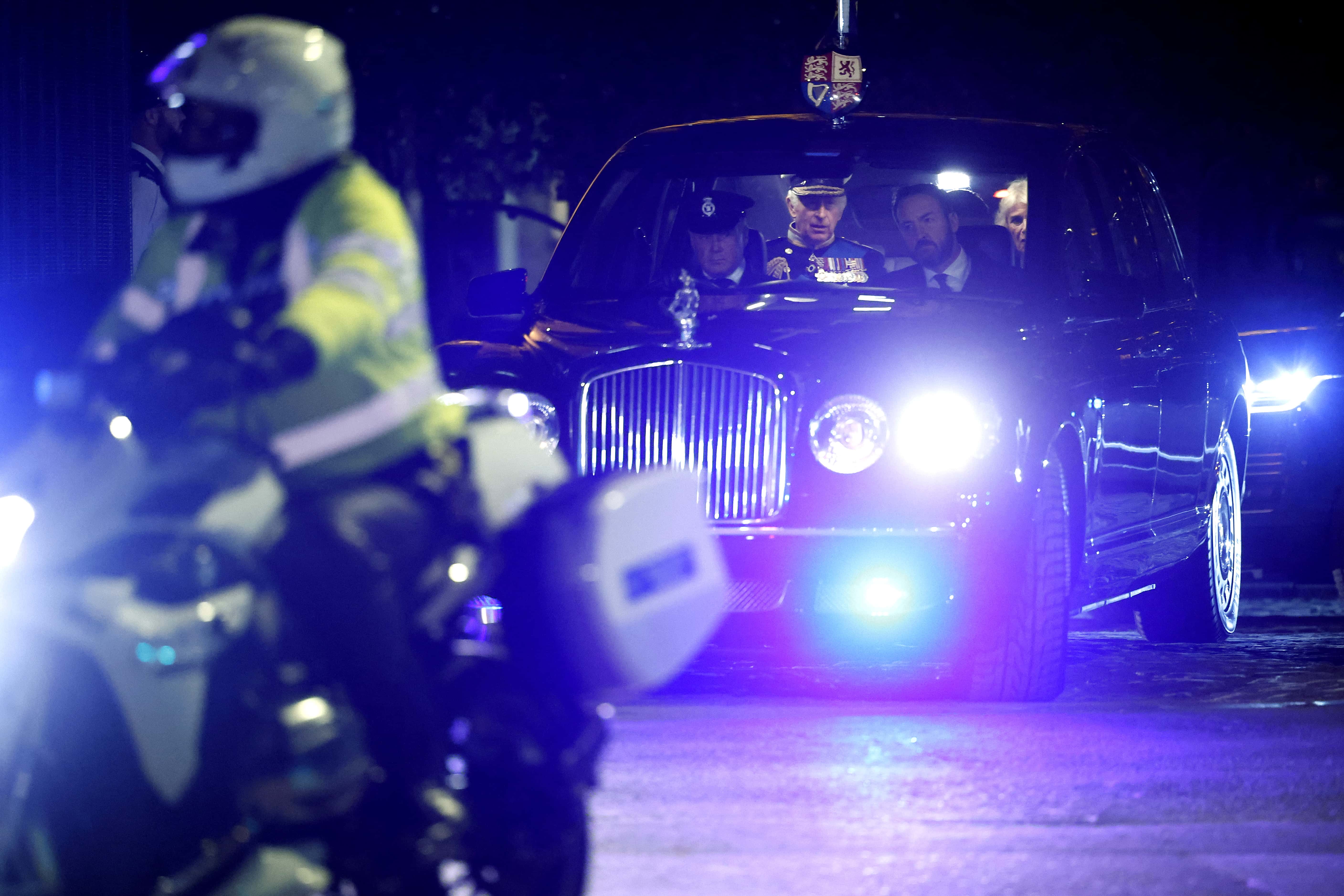 King Charles III and Camilla Queen Consort leave in the royal limousine following the Vigil of the Princes where the king and his siblings stood watch at their mother Queen Elizabeth II's casket at Westminster Hall on September 16, 2022 in London, England. Queen Elizabeth II's children mount a family vigil over her coffin lying in state in Westminster Hall. Queen Elizabeth II died at Balmoral Castle in Scotland on September 8, 2022, and is succeeded by her eldest son, King Charles III.