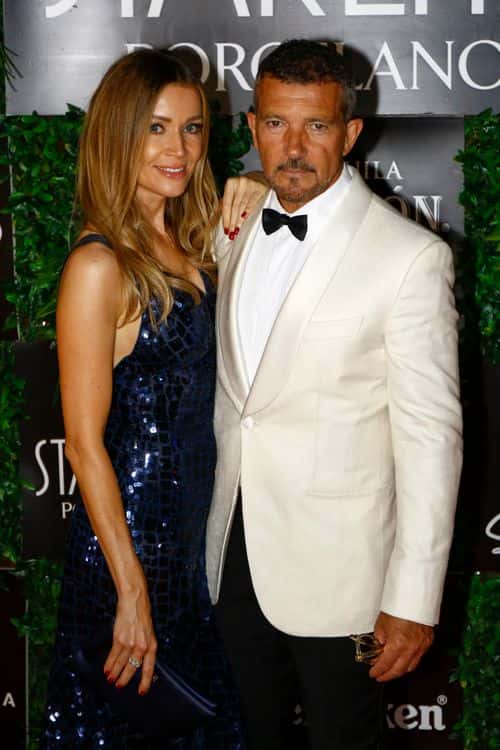 (L-R) Nicole Kimpel and Antonio Banderas attend the Starlite Porcelanosa Gala 2022 at La Cantera on August 14, 2022 in Marbella, Spain.