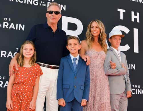 (L-R) Grace Avery Costner, Kevin Costner, Hayes Logan Costner, Christine Baumgartner, and Cayden Wyatt Costner attend the premiere of 20th Century Fox's 