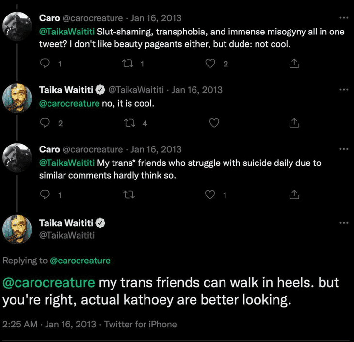 Taika Waititi exchanged a few tweets with a social media user over his transphobic post in 2013 Twitter@taikawaitit)