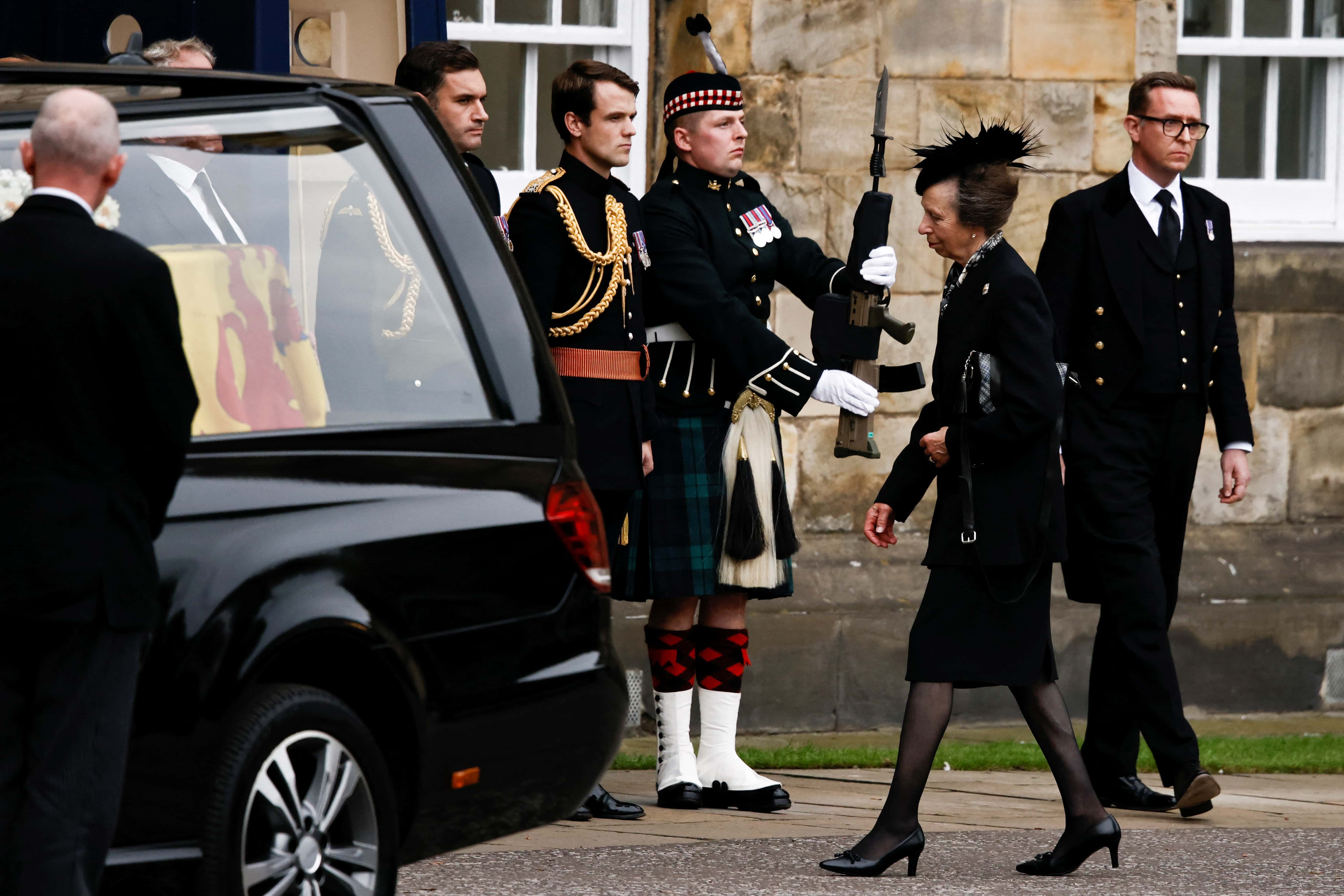 Britain's Princess Anne, Princess Royal approaches the hearse carrying the coffin of Britain's Queen Elizabeth II as it arrives at the Palace of Holyroodhouse on September 11, 2022 in Edinburgh, United Kingdom. Elizabeth Alexandra Mary Windsor was born in Bruton Street, Mayfair, London on 21 April 1926. She married Prince Philip in 1947 and ascended the throne of the United Kingdom and Commonwealth on 6 February 1952 after the death of her Father, King George VI. Queen Elizabeth II died at Balmoral Castle in Scotland on September 8, 2022, and is succeeded by her eldest son, King Charles III.