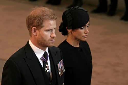 Prince Harry, Duke of Sussex and Meghan, Duchess of Sussex leave Westminster Hall on September 14, 2022 in London, United Kingdom. Queen Elizabeth II's coffin is taken in procession on a Gun Carriage of The King's Troop Royal Horse Artillery from Buckingham Palace to Westminster Hall where she will lay in state until the early morning of her funeral. Queen Elizabeth II died at Balmoral Castle in Scotland on September 8, 2022, and is succeeded by her eldest son, King Charles III.