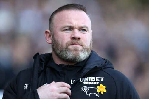 Wayne Rooney, Manager of Derby County looks on prior to the Sky Bet Championship match between Derby County and Coventry City at Pride Park Stadium on March 19, 2022 in Derby, England.