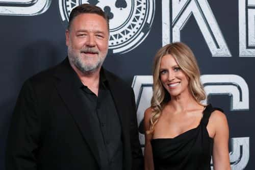 Russell Crowe and Britney Theriot attends the Australian Premiere of Poker Face at Hoyts Entertainment Quarter on November 15, 2022 in Sydney, Australia.