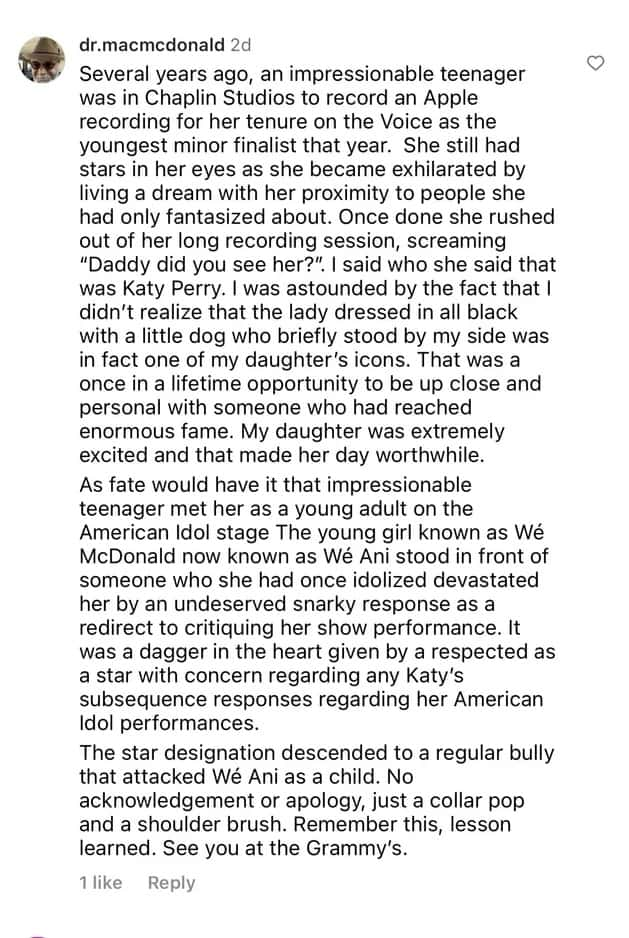 We Ani's father Mac McDonald slams Katy Perry for her rude behaviour (Instagram/dr.macmcdonald)