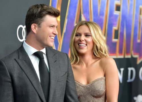 Colin Jost and Scarlett Johansson attend the world premiere of Walt Disney Studios Motion Pictures
