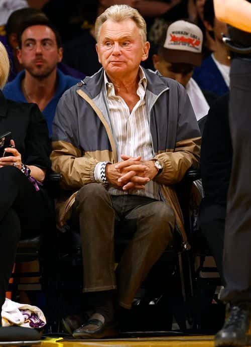 Pat Sajak sits courtside for the game between the Golden State Warriors and the Los Angeles Lakers during the second half in game three of the Western Conference Semifinal Playoffs at Crypto.com Arena on May 06, 2023 in Los Angeles, California. NOTE TO USER: User expressly acknowledges and agrees that, by downloading and or using this photograph, User is consenting to the terms and conditions of the Getty Images License Agreement.