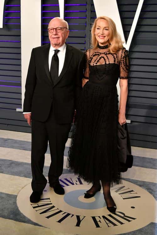 Rupert Murdoch (L) and Jerry Hall attend the 2019 Vanity Fair Oscar Party hosted by Radhika Jones at Wallis Annenberg Center for the Performing Arts on February 24, 2019 in Beverly Hills, California.