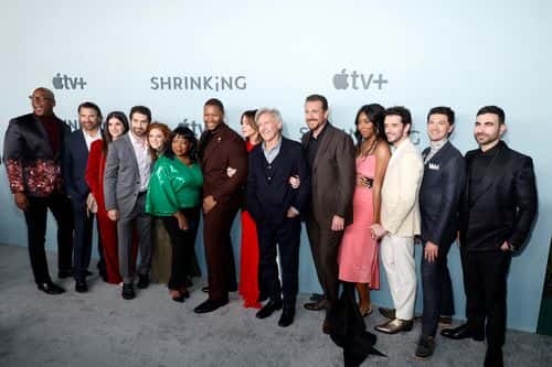 (L-R) Randall Winston, Ted McGinley, Liza Katzer, Neil Goldman, Rachel Stubington, Mimi Fletcher, Luke Tennie, Christa Miller, Harrison Ford, Jason Segel, Jessica Williams, Michael Urie, Devin Kawaoka and Brett Goldstein attend the premiere of Apple TV+'s