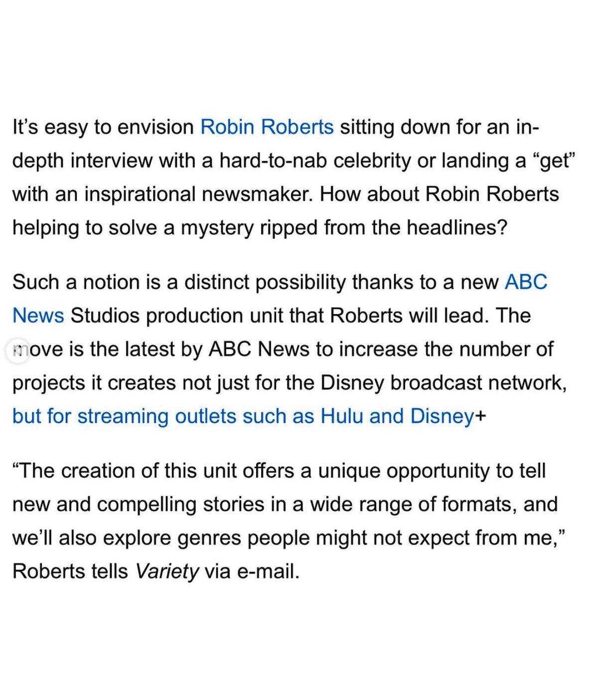 Robin Roberts announced on Instagram that the new unit will help her expand her portfolio as a journalist (@robinrobertsgma/Instagram)
