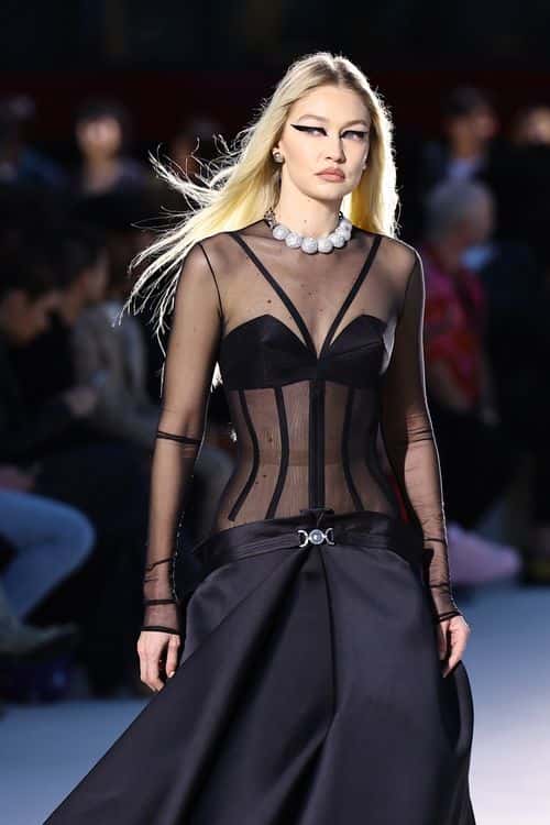 Gigi Hadid walks the runway during the Versace FW23 Show at Pacific Design Center on March 09, 2023 in West Hollywood, California.