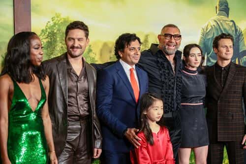 (L-R) Nikki Amuka-Bird, Ben Aldridge, M. Night Shyamalan, Kristen Cui, Dave Bautista, Abby Quinn and Jonathan Groff attend Universal Pictures'