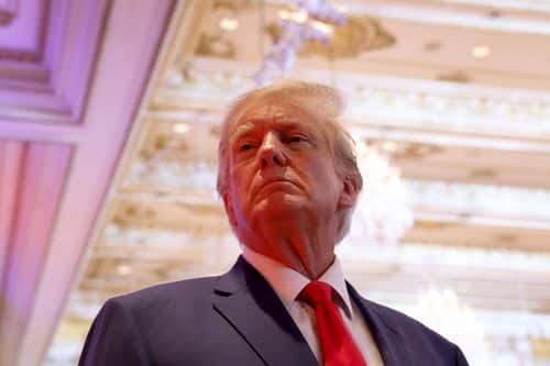 Former U.S. President Donald Trump speaks to the media during an election night event at Mar-a-Lago on November 08, 2022 in Palm Beach, Florida. Trump spoke as the nation awaits the results of voting in the midterm elections.