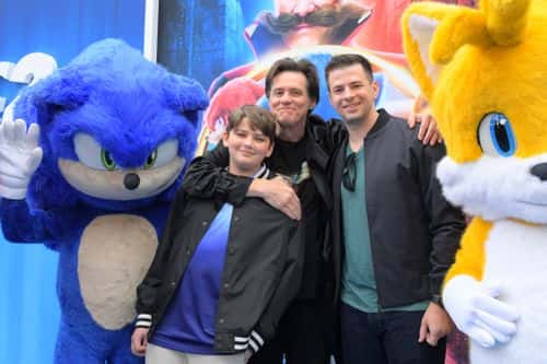 (L-R)  Jackson Carrey, Jim Carrey and Chase Bordelon attend the 'Sonic the Hedgehog 2' Family Day at Paramount Pictures Studios Lot on April 02, 2022 in Los Angeles, California.