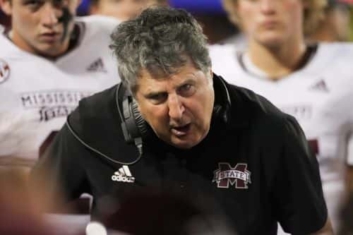 Head coach Mike Leach of the Mississippi State Bulldogs speaks to his team during the NCAA football game between the Mississippi State Bulldogs and the Arizona Wildcats at Arizona Stadium on September 10, 2022 in Tucson, Arizona.