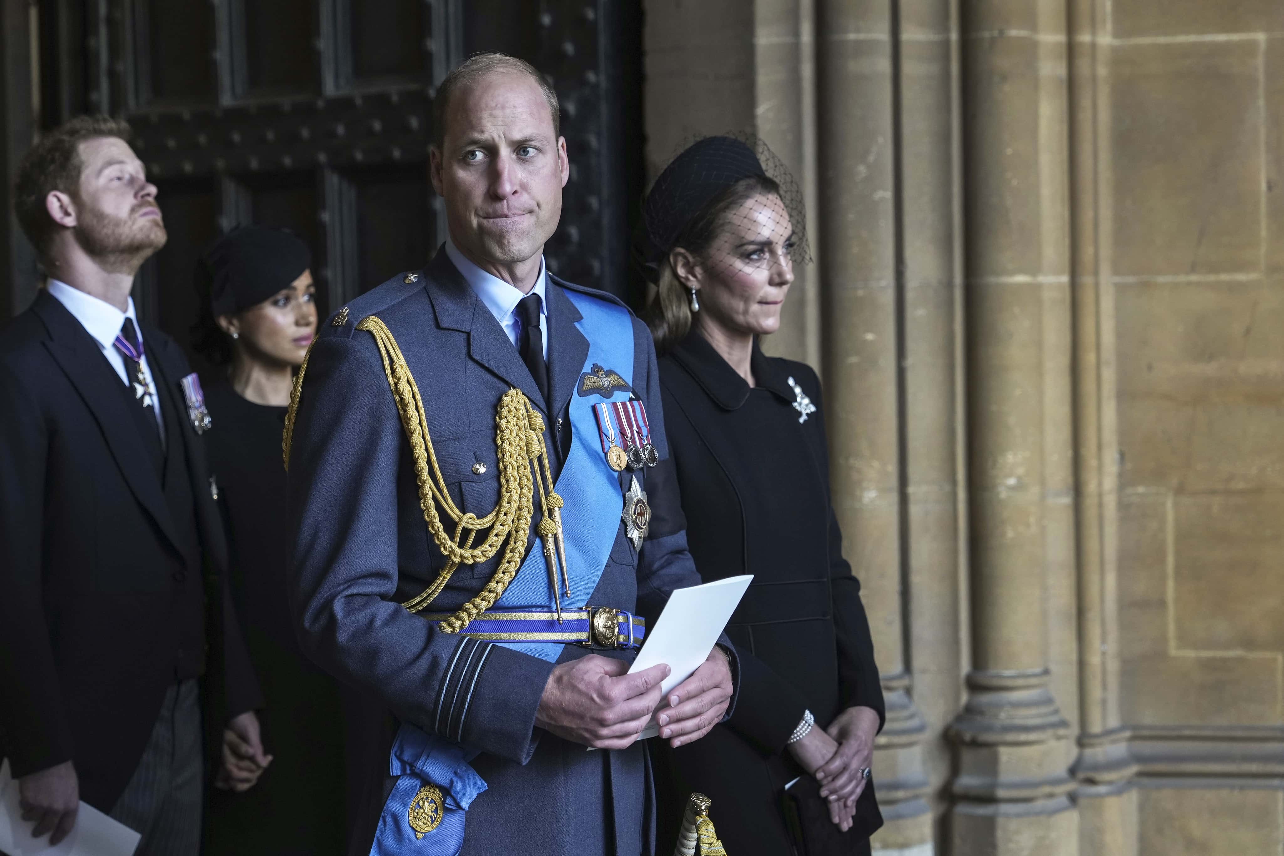 Prince William, Prince of Wales, Catherine, Princess of Wales, Prince Harry, Duke of Sussex, and Meghan, Duchess of Sussex leave after escorting the coffin of Queen Elizabeth II to Westminster Hall from Buckingham Palace for her lying in state, on September 14, 2022 in London, United Kingdom. Queen Elizabeth II's coffin is taken in procession on a Gun Carriage of The King's Troop Royal Horse Artillery from Buckingham Palace to Westminster Hall where she will lay in state until the early morning of her funeral. Queen Elizabeth II died at Balmoral Castle in Scotland on September 8, 2022, and is succeeded by her eldest son, King Charles III.