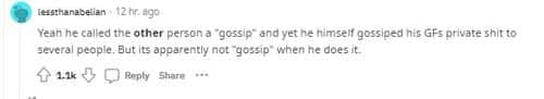 'He called the other person 'a gossip' (Reddit screenshot/ lessthanabelian)
