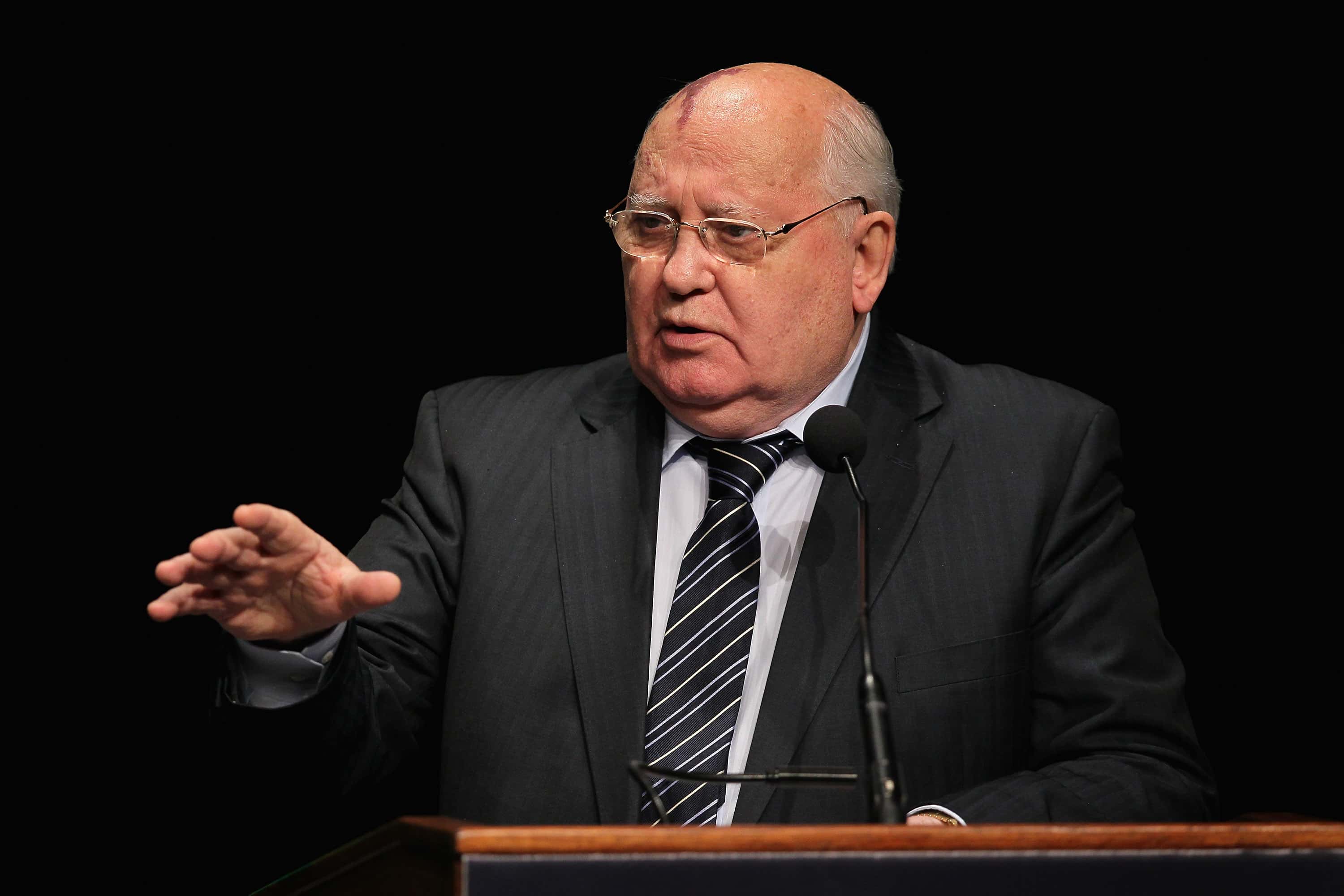 Former Russian President Mikhail Gorbachev addresses guests gathered at the University of Illinois at Chicago for the opening ceremony of the World Summit of Nobel Peace Laureates on April 23, 2012 in Chicago, Illinois. The 12th World Summit of Nobel Peace Laureates convenes in Chicago today and runs through Wednesday, April 25.
