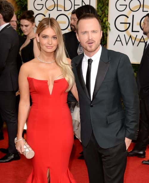 Actor Aaron Paul (R) and wife Lauren Parsekian attend the 71st Annual Golden Globe Awards held at The Beverly Hilton Hotel on January 12, 2014 in Beverly Hills, California.