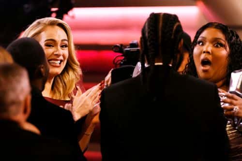 (L-R) Adele and Lizzo attend during the 65th GRAMMY Awards at Crypto.com Arena on February 05, 2023 in Los Angeles, California.