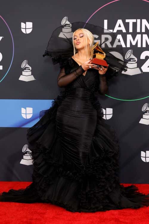 Christina Aguilera poses with the award for Best Traditional Pop Vocal Album in the press room for the 23rd Annual Latin GRAMMY Awards at the Mandalay Bay Events Center on November 17, 2022 in Las Vegas, Nevada.