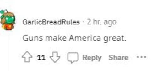 A user complained about gun use in America (ReddIt/ GarlicBreadRules)
