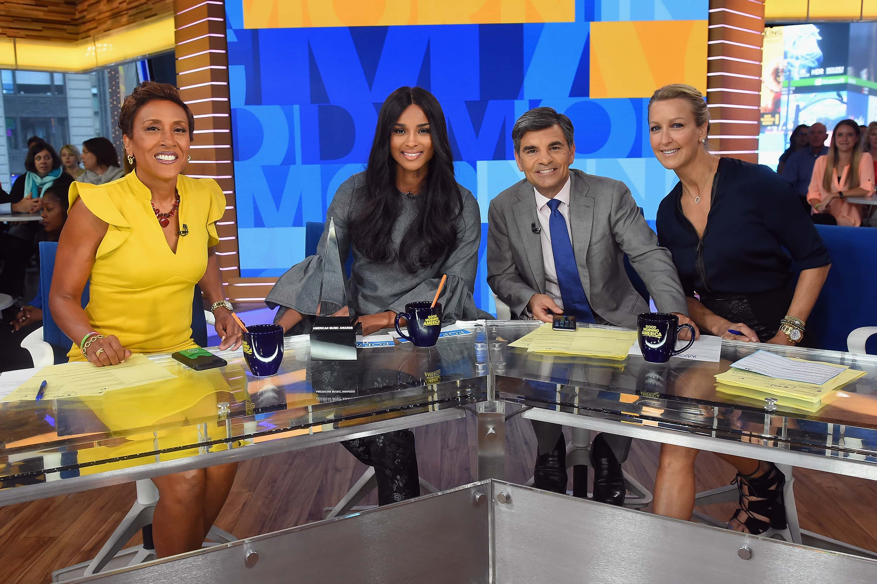 NEW YORK, NY - OCTOBER 12:  (L-R) Robin Roberts, Ciara, George Stephanopoulos, and  Lara Spencer pos