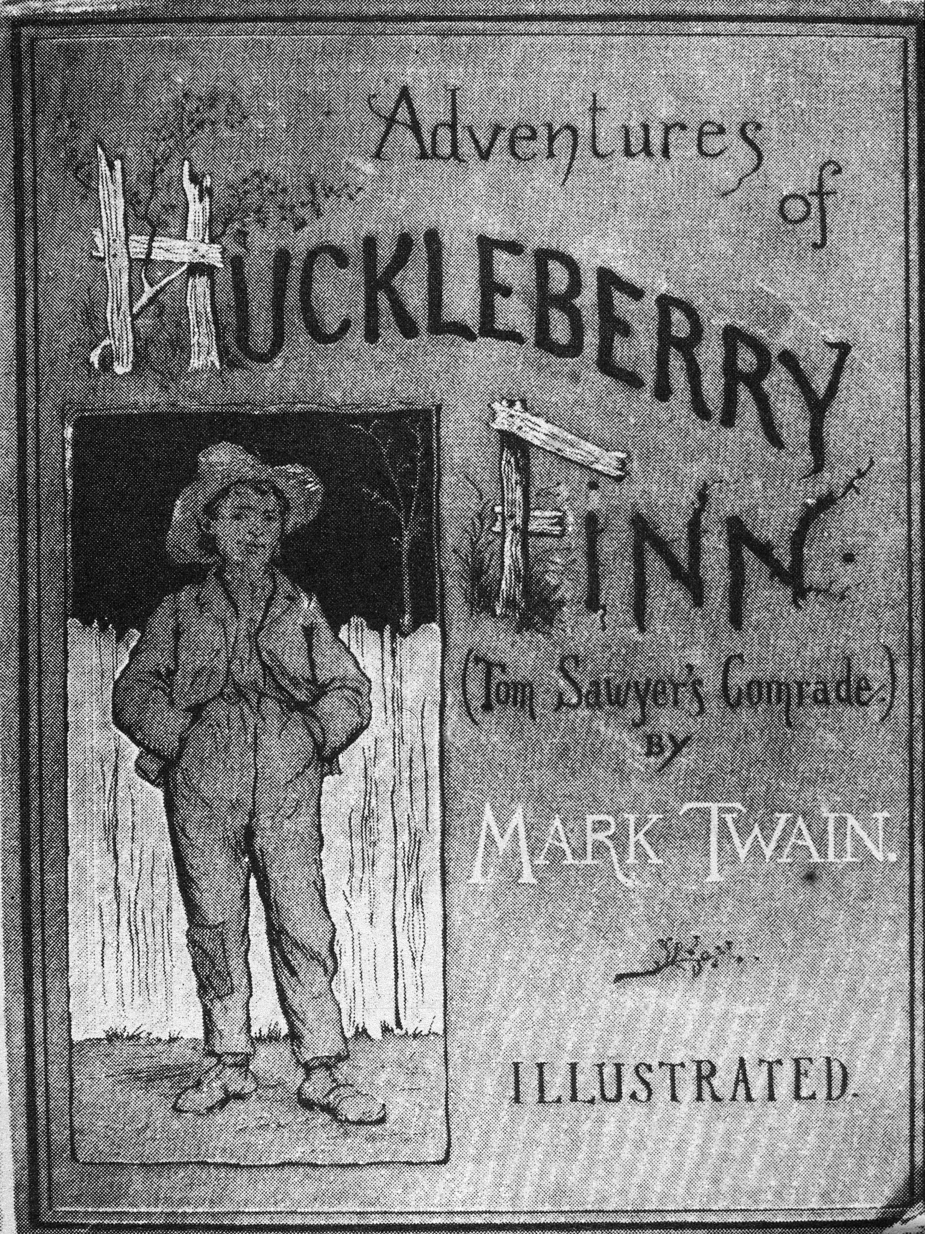 Cover of the book 'Adventures of Huckleberry Finn (Tom Sawyer's Comrade)' by Mark Twain (Samuel Clemens), 1884. The illustration, by E. M. Kimble, shows a young boy who stands in front of a picket fence while wearing a straw hat. (Photo by Hulton Archive/Getty Images)