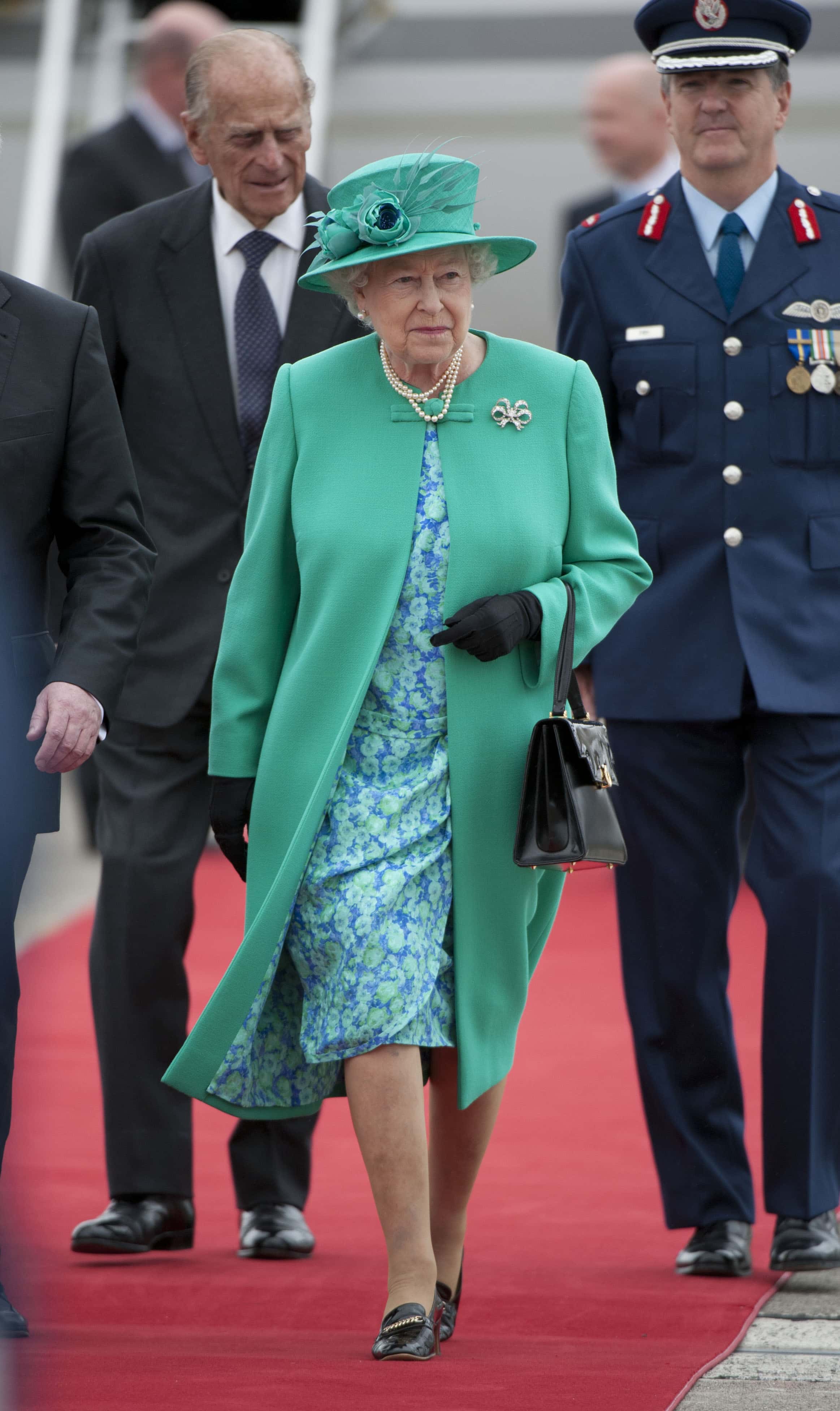 Queen Elizabeth II and Prince Philip, Duke of Edinburgh arrive at Baldonnel Airport on May 17, 2011 in Dublin, Ireland. The Queen's visit, accompanied by The Duke of Edinburgh, is the first by a monarch since 1911. An unprecedented security operation is taking place with much of the centre of Dublin turning into a car free zone. Republican dissident groups have made it clear they are intent on disrupting proceedings.