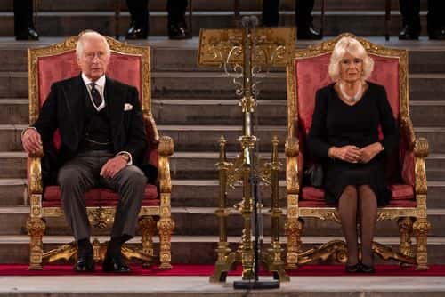 King Charles III and Camilla, Queen Consort take part in an address in Westminster Hall on September 12, 2022 in London, England. The Lord Speaker and the Speaker of the House of Commons presented an Address to His Majesty on behalf of their respective House in Westminster Hall following the death of Her Majesty Queen Elizabeth II. The King replied to the Addresses. Queen Elizabeth II died at Balmoral Castle in Scotland on September 8, 2022, and is succeeded by her eldest son, King Charles III.