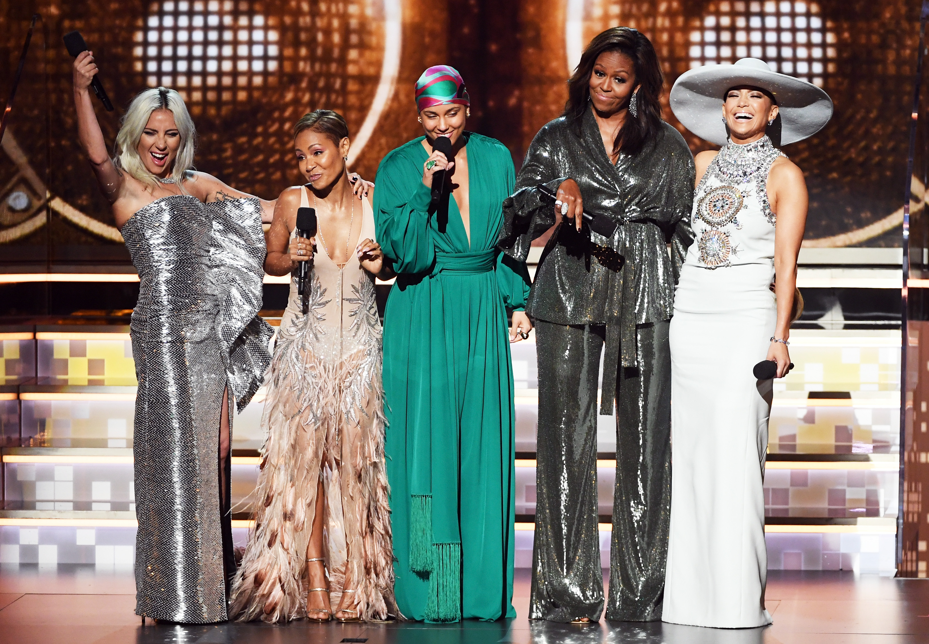 (L-R) Lady Gaga, Jada Pinkett Smith, Alicia Keys, Michelle Obama, and Jennifer Lopez speak onstage during the 61st Annual GRAMMY Awards at Staples Center on February 10, 2019 in Los Angeles, California.