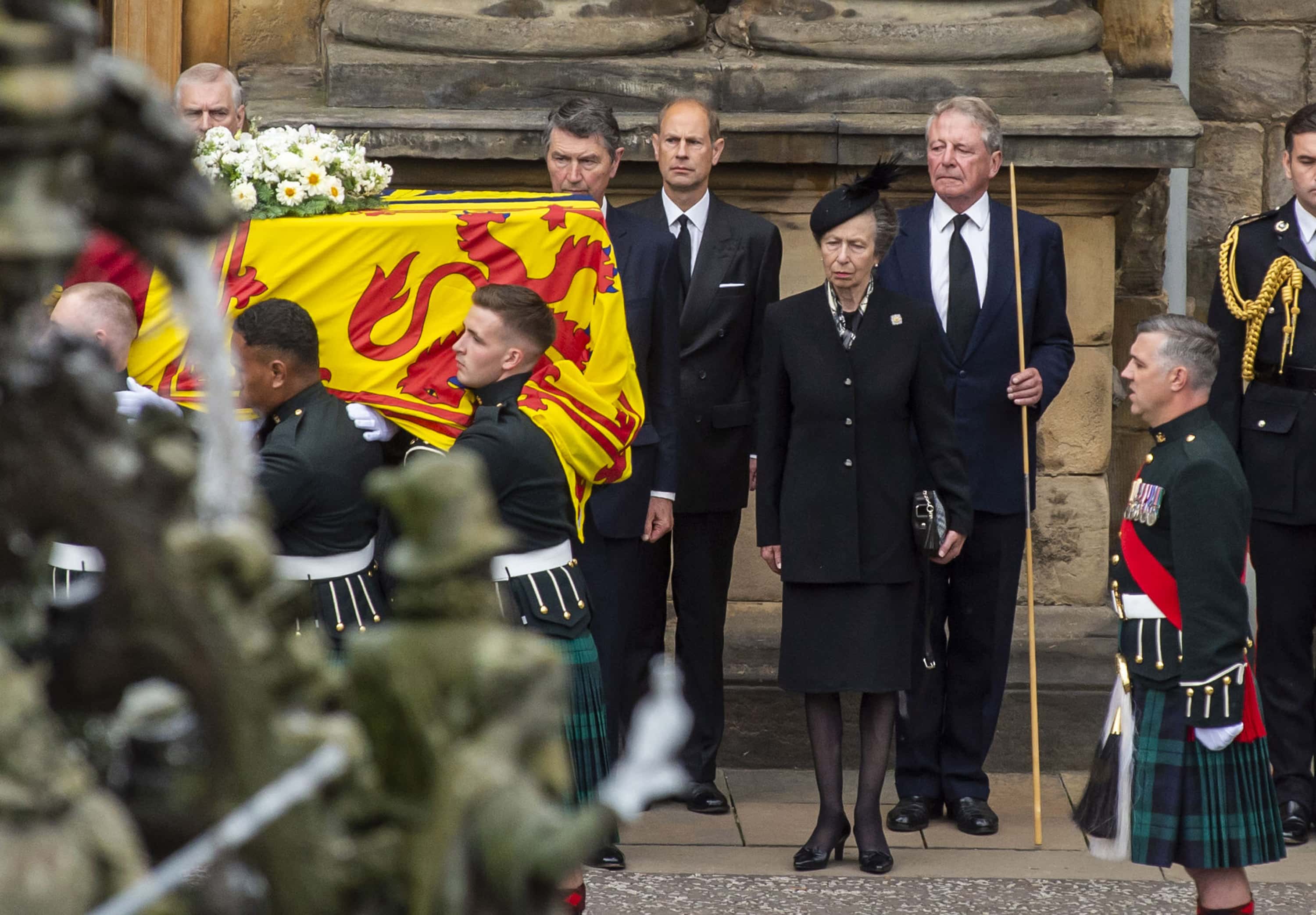 Prince Andrew, Duke of York, Sophie, Countess of Wessex, Vice Admiral Timothy Laurence, Prince Edward, Duke of Wessex and Princess Anne, Princess Royal receive the hearse carrying the coffin of Queen Elizabeth II arrives at Palace of Holyroodhouse, where she will lie overnight and then be moved to St Giles Catherdral on September 11, 2022 in Edinburgh, United Kingdom. Elizabeth Alexandra Mary Windsor was born in Bruton Street, Mayfair, London on 21 April 1926. She married Prince Philip in 1947 and ascended the throne of the United Kingdom and Commonwealth on 6 February 1952 after the death of her Father, King George VI. Queen Elizabeth II died at Balmoral Castle in Scotland on September 8, 2022, and is succeeded by her eldest son, King Charles III.