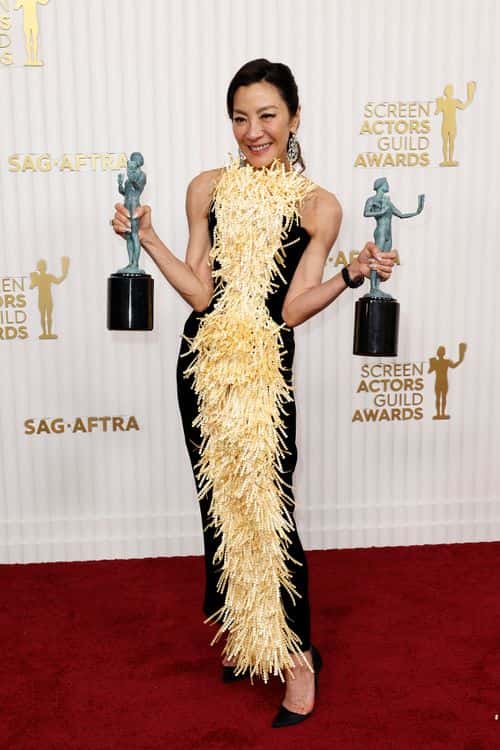Michelle Yeoh, winner of the Outstanding Performance by a Female Actor in a Leading Role and Outstanding Performance by a Cast in a Motion Picture awards for “Everything Everywhere All at Once,” poses in the press room during the 29th Annual Screen Actors Guild Awards at Fairmont Century Plaza on February 26, 2023 in Los Angeles, California.