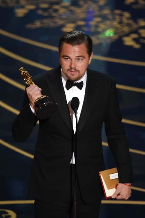 Actor Leonardo DiCaprio accepts the Best Actor award for 'The Revenant' onstage during the 88th Annual Academy Awards at the Dolby Theatre on February 28, 2016 in Hollywood, California.