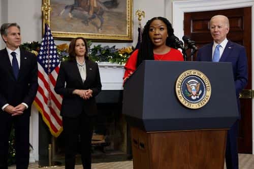 Cherelle Griner (3rd L), wife of Olympian and WNBA player Brittney Griner, speaks after U.S. President Joe Biden announced her release from Russian custody, with Secretary of State Anthony Blinken (L) and Vice President Kamala Harris at the White House on December 08, 2022 in Washington, DC. Griner was released as part of a prisoner swap that involved Russian arms dealer Viktor Bout.