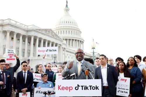 Congressman Jamaal Bowman (NY-16) speaks at a press conference with Reps. Bowman, Pocan, Garcia, and TikTok creators at the U.S. Capitol in support of free expression on March 22, 2023 in Washington, DC.