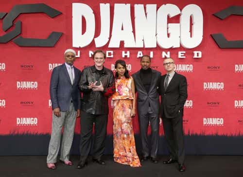 (left to right) Samuel L. Jackson, Quentin Tarantino, Kerry Washington, Jamie Foxx and Christoph Waltz attend 'Django Unchained' Berlin Premiere at Cinestar Potsdamer Platz on January 8, 2013 in Berlin, Germany.