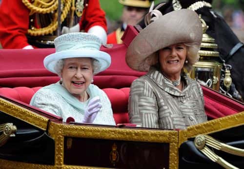 Queen Elizabeth and Camilla, Duchess of Cornwall pass the mall after Diamond Jubilee service of thanksgiving at St.Paul's Cathedral during the Diamond Jubilee celebrations on June 5, 2012 in London, England. For only the second time in its history the UK celebrates the Diamond Jubilee of a monarch. Her Majesty Queen Elizabeth II celebrates the 60th anniversary of her ascension to the throne today with a carriage procession and a service of thanksgiving at St Paul's Cathedral.