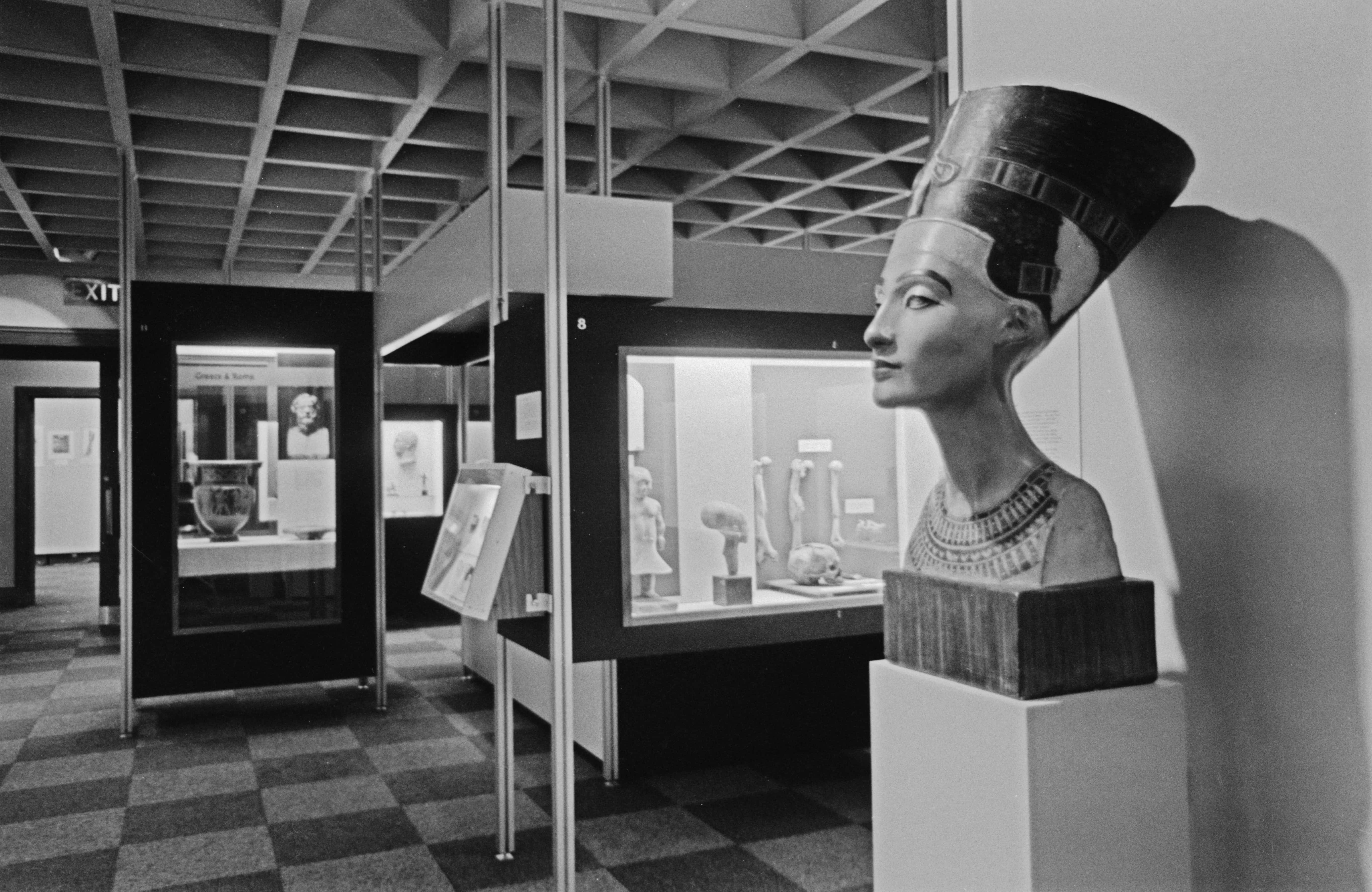 A 20th century plaster bust of Egyptian queen Nefertiti in the main gallery of the Wellcome Collection in London, UK, 24th March 1973. It is a copy of the original limestone bust which dates back to around the 14th century BC. (Photo by Evening Standard/Hulton Archive/Getty Images)