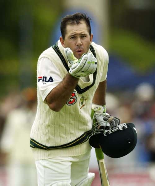 Ricky Ponting of Australia blows a kiss to his wife Rianna on reaching his double century during the second day of the 2nd Test between Australia and India at the Adelaide Oval on December 13, 2003 in Adelaide, Australia.