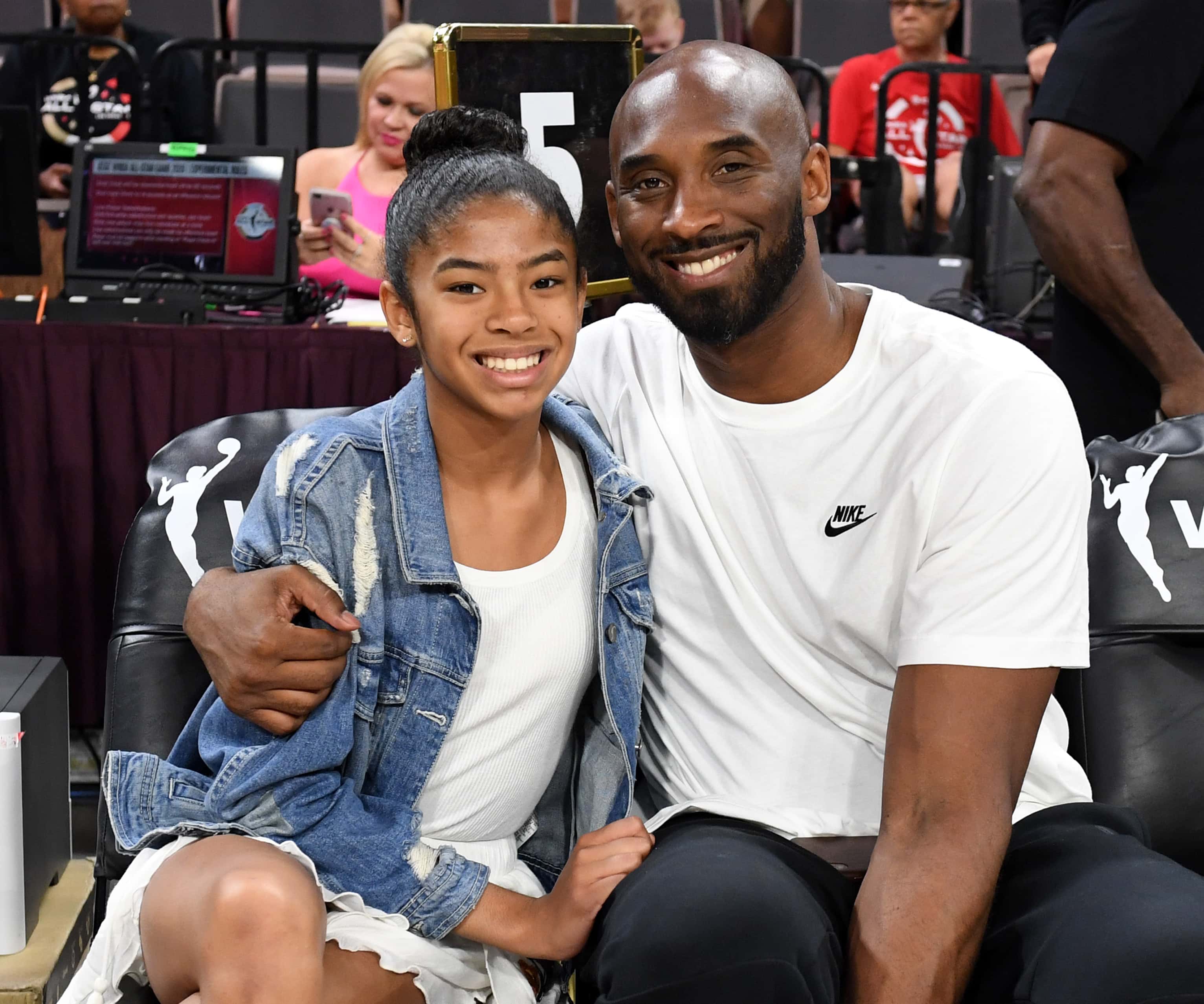 Gianna Bryant and her father, former NBA player Kobe Bryant, attend the WNBA All-Star Game 2019 at the Mandalay Bay Events Center on July 27, 2019 in Las Vegas, Nevada. NOTE TO USER: User expressly acknowledges and agrees that, by downloading and or using this photograph, User is consenting to the terms and conditions of the Getty Images License Agreement.